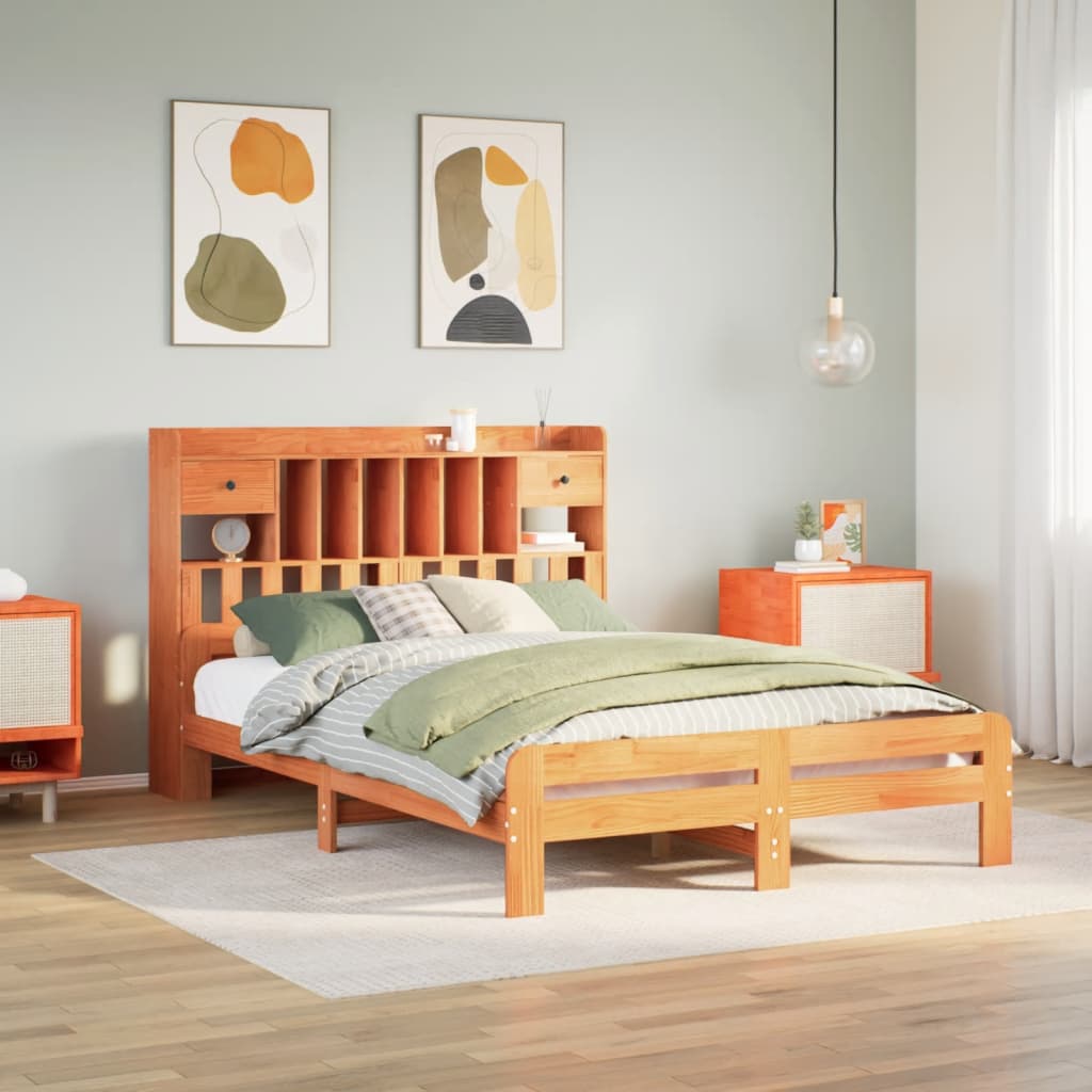 Bed met boekenkast zonder matras grenenhout wasbruin 150x200 cm – afbeelding 1