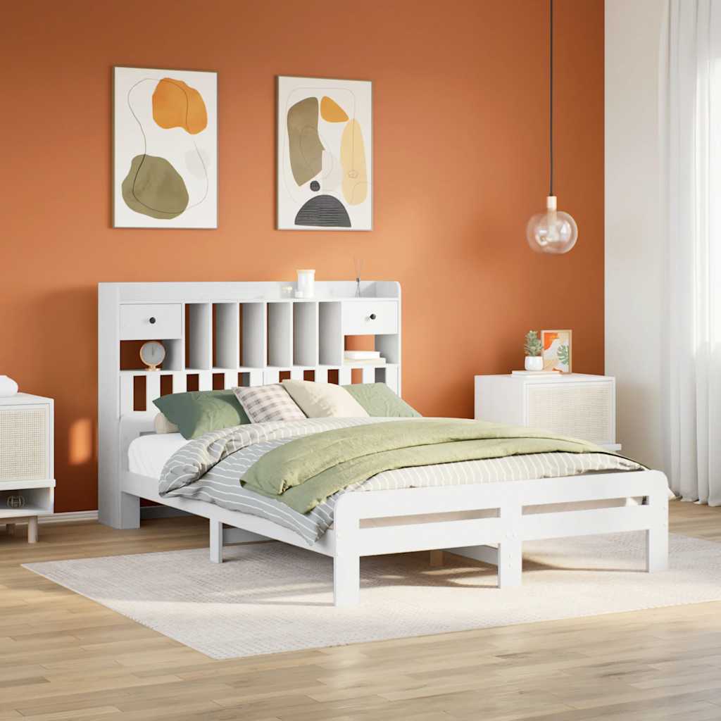 Bed met boekenkast zonder matras grenenhout wit 140x190 cm – afbeelding 1