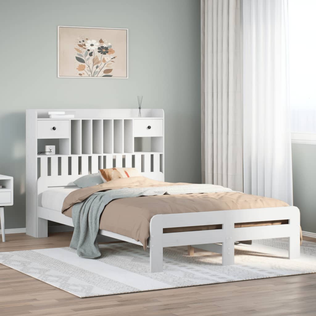 Bed met boekenkast zonder matras grenenhout wit 135x190 cm – afbeelding 1