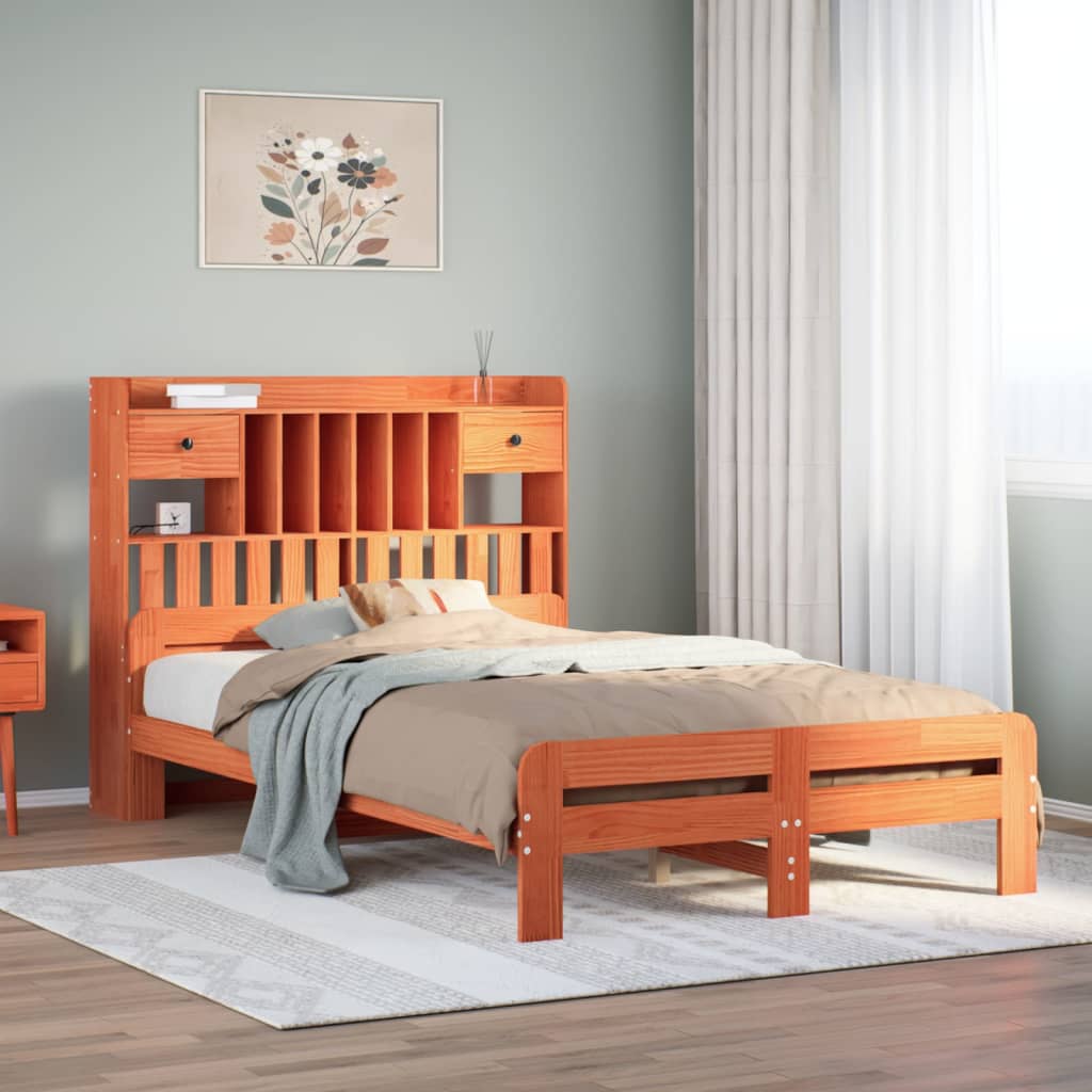 Bed met boekenkast zonder matras grenenhout wasbruin 135x190 cm – afbeelding 1