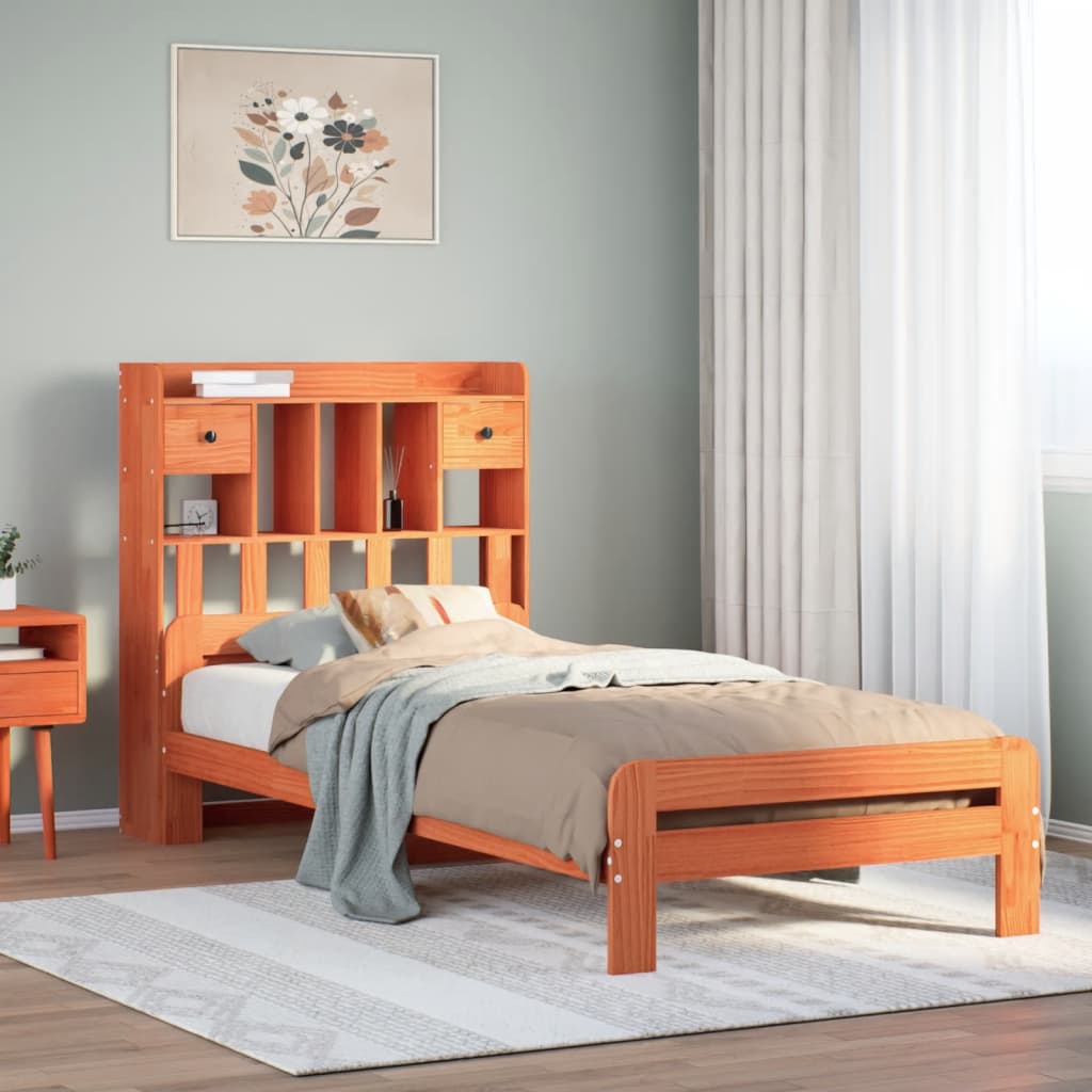 Bed met boekenkast zonder matras grenenhout wasbruin 75x190 cm – afbeelding 1