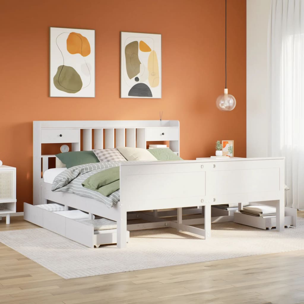 Bed met boekenkast zonder matras grenenhout wit 180x200 cm – afbeelding 1