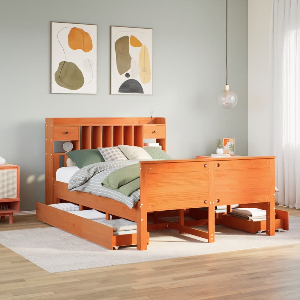 Bed met boekenkast zonder matras grenenhout wasbruin 150x200 cm – afbeelding 1