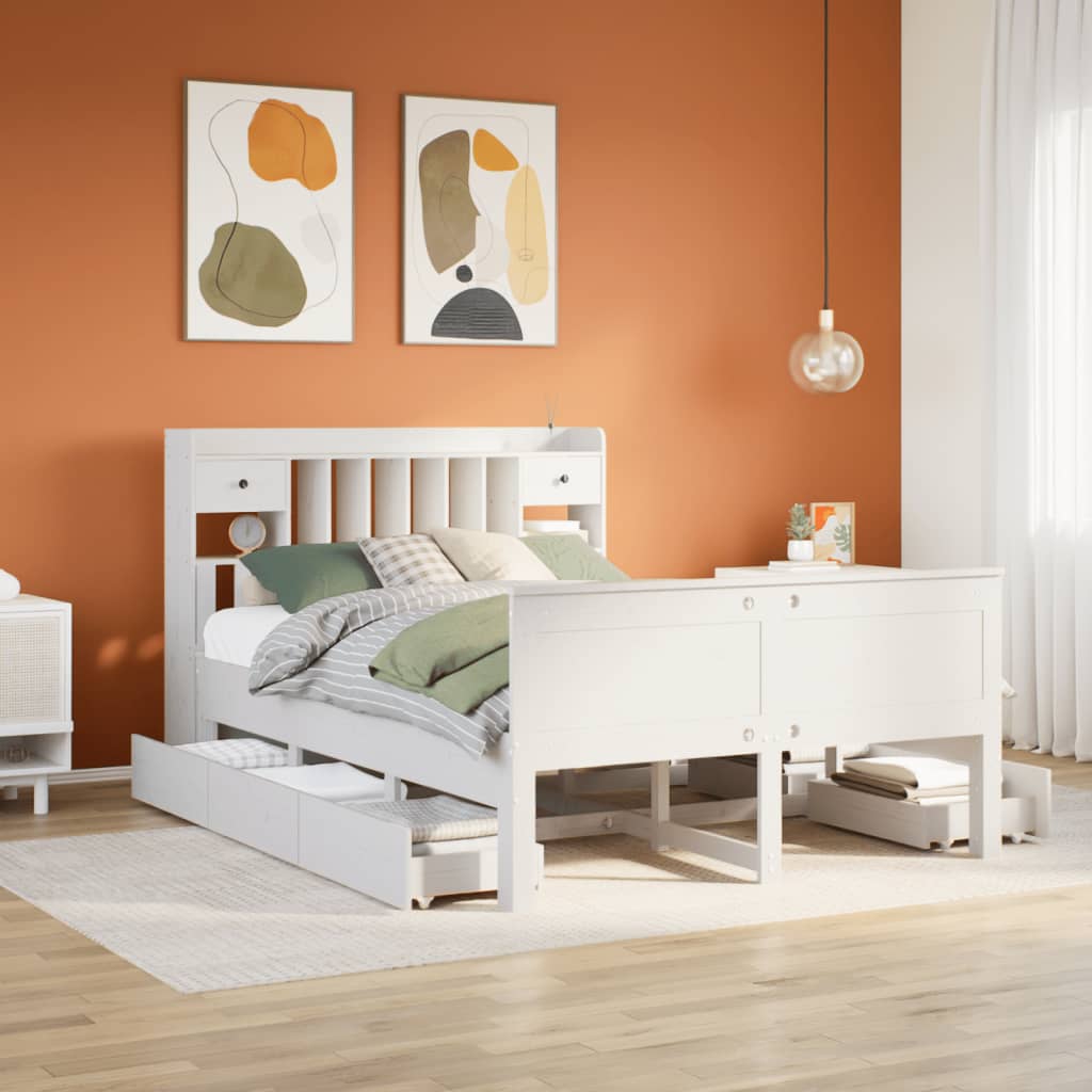 Bed met boekenkast zonder matras grenenhout wit 140x200 cm – afbeelding 1