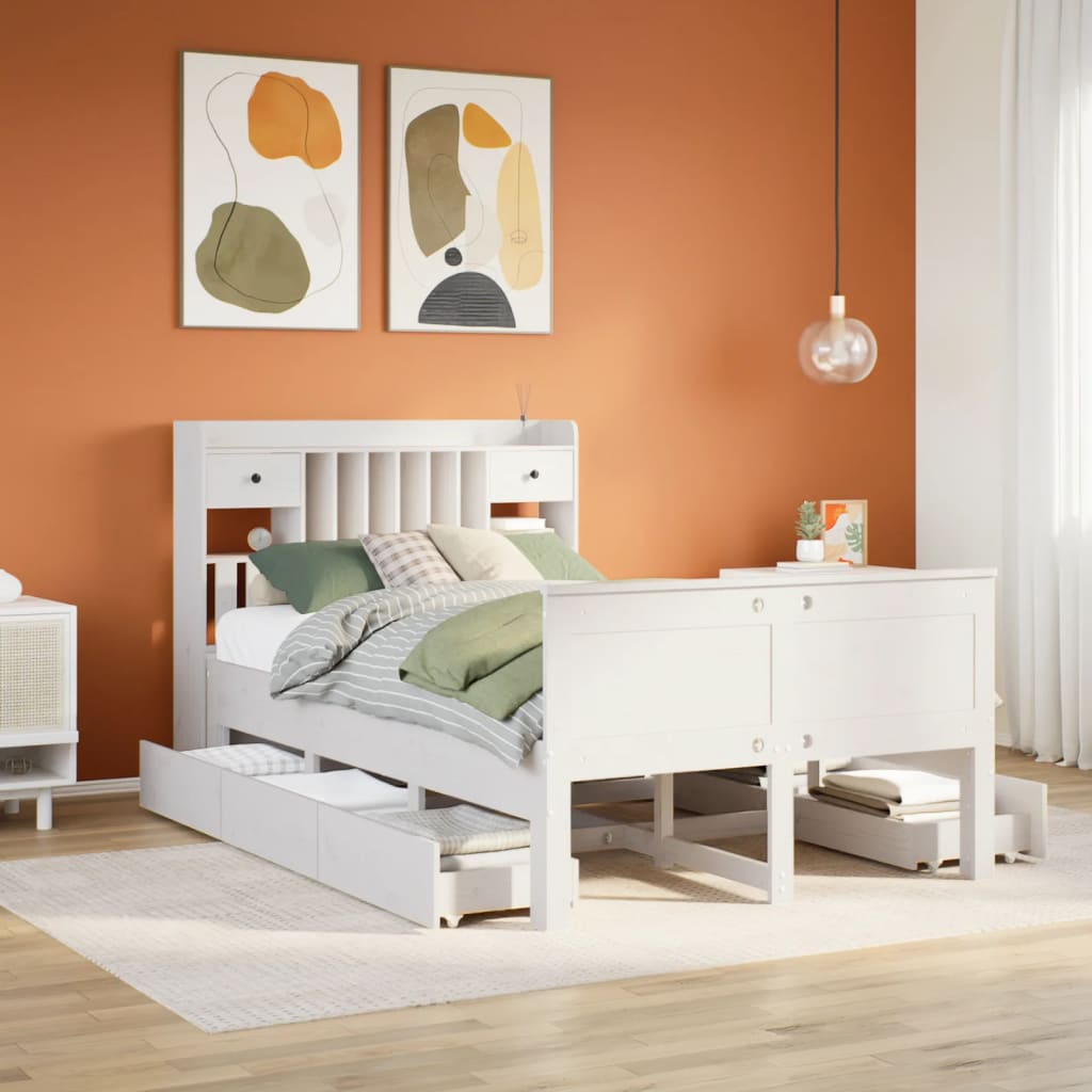 Bed met boekenkast zonder matras grenenhout wit 135x190 cm – afbeelding 1