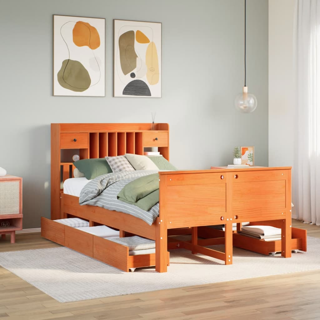 Bed met boekenkast zonder matras grenenhout wasbruin 135x190 cm – afbeelding 1