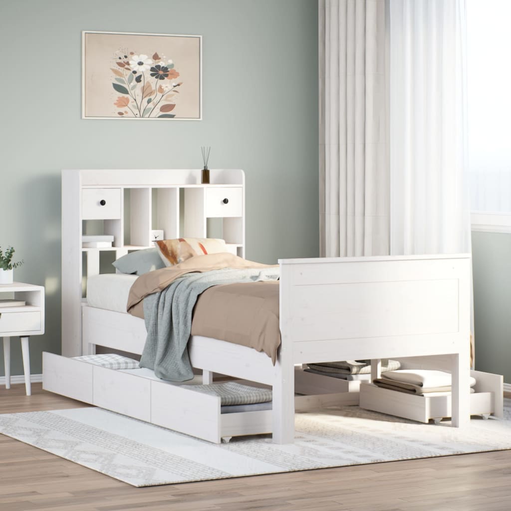 Bed met boekenkast zonder matras grenenhout wit 75x190 cm – afbeelding 1