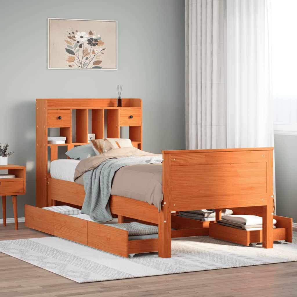 Bed met boekenkast zonder matras grenenhout wasbruin 75x190 cm – afbeelding 1