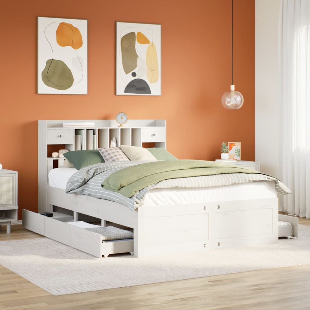 Bed met boekenkast zonder matras grenenhout wit 140x200 cm – afbeelding 1