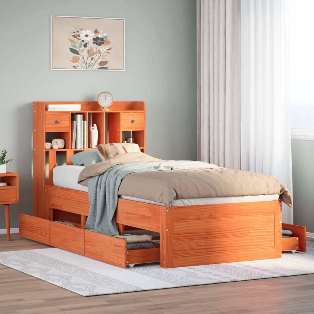 Bed met boekenkast zonder matras grenenhout wasbruin 100x200 cm – afbeelding 1