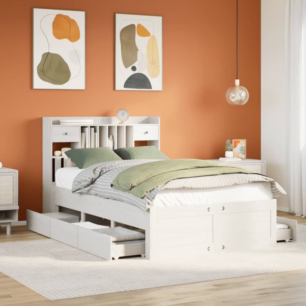 Bed met boekenkast zonder matras grenenhout wit 135x190 cm – afbeelding 1