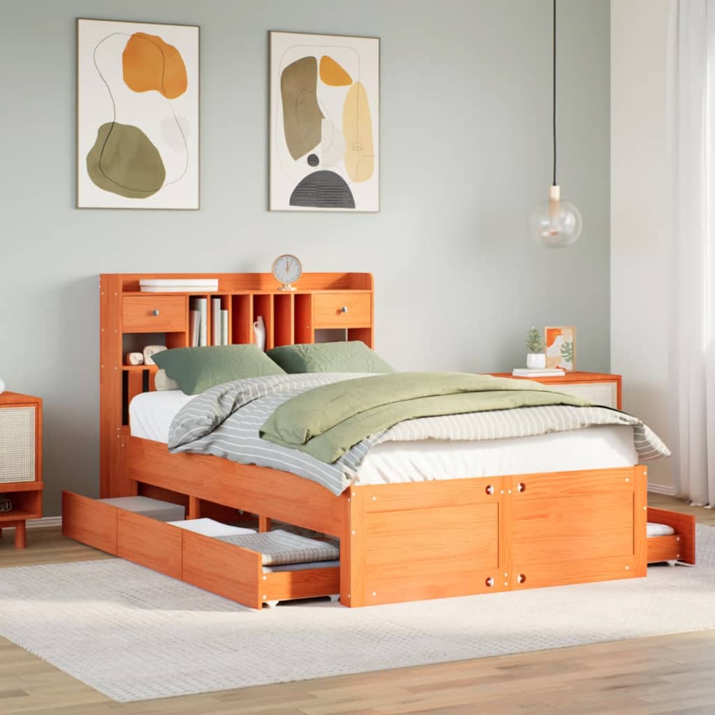 Bed met boekenkast zonder matras grenenhout wasbruin 135x190 cm – afbeelding 1
