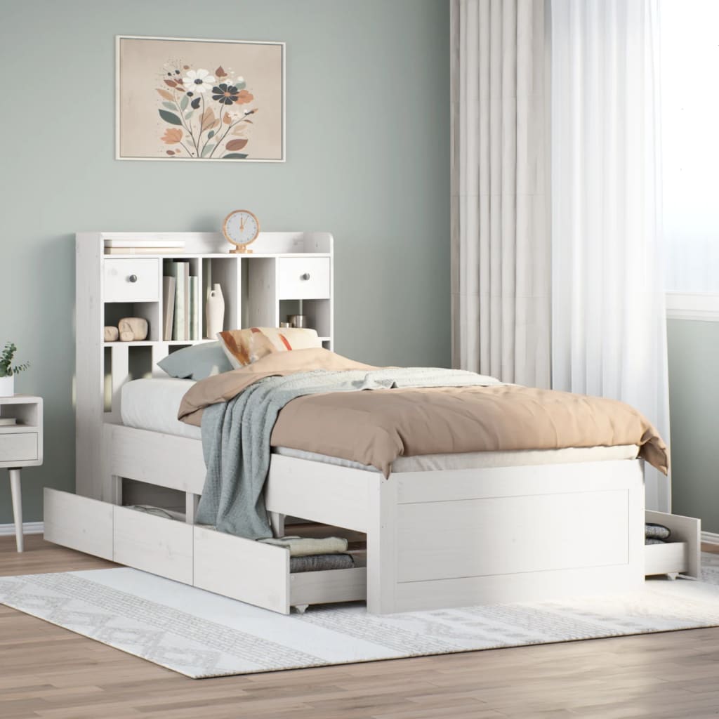 Bed met boekenkast zonder matras grenenhout wit 75x190 cm – afbeelding 1