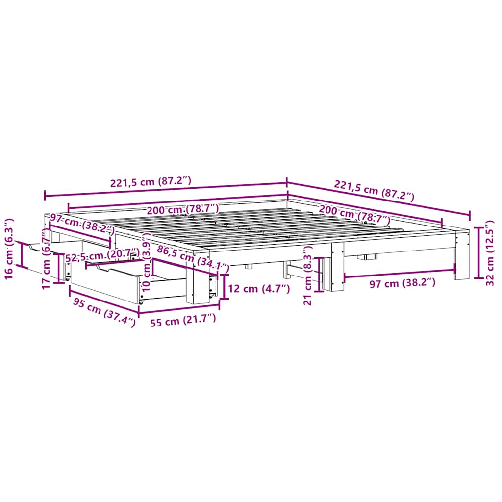 Bedframe zonder matras massief grenenhout 200x200 cm – afbeelding 12
