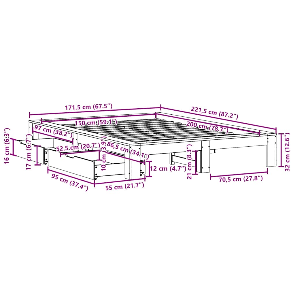 Bedframe zonder matras massief grenenhout 150x200 cm – afbeelding 12