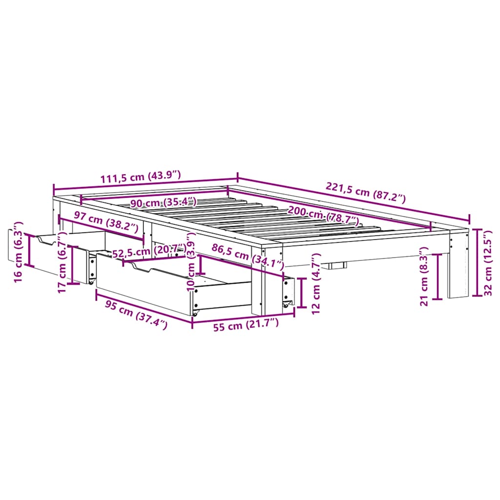 Bedframe zonder matras massief grenenhout 90x200 cm – afbeelding 12