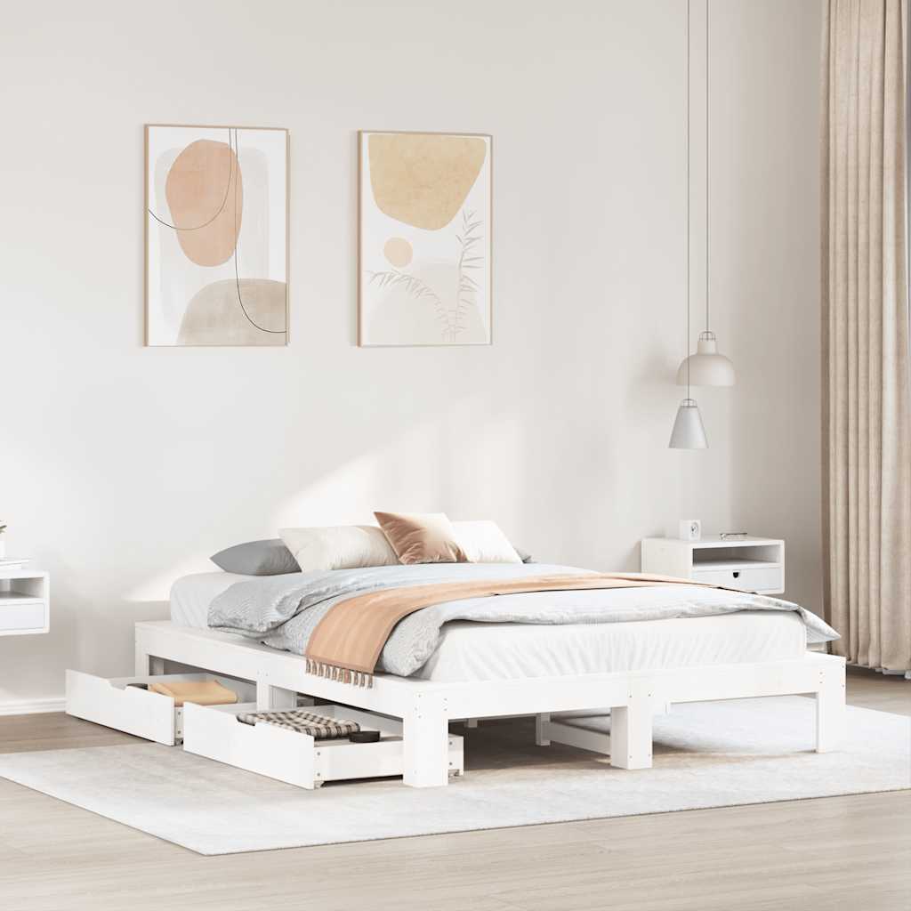 Bedframe zonder matras massief grenenhout wit 140x190 cm – afbeelding 1