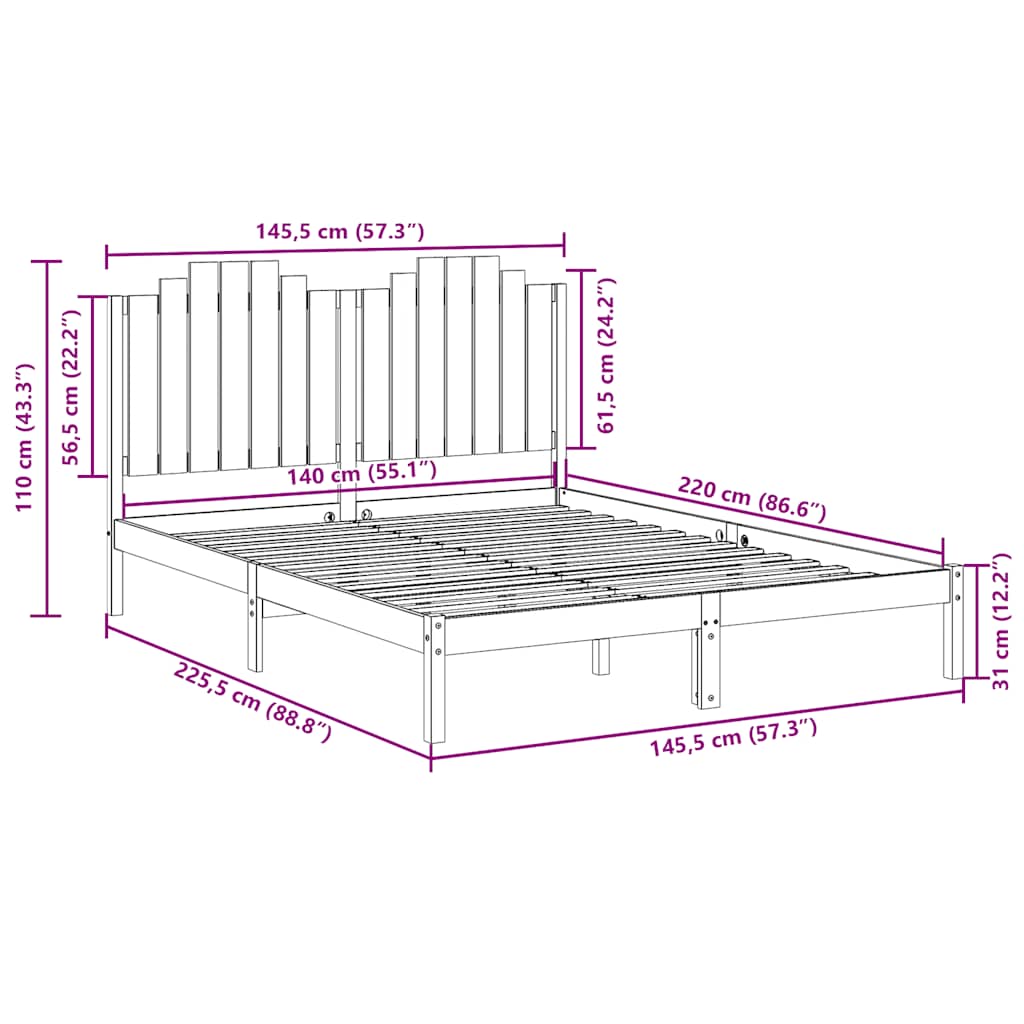 Bedframe extra lang zonder matras massief hout 140x220 cm – afbeelding 9