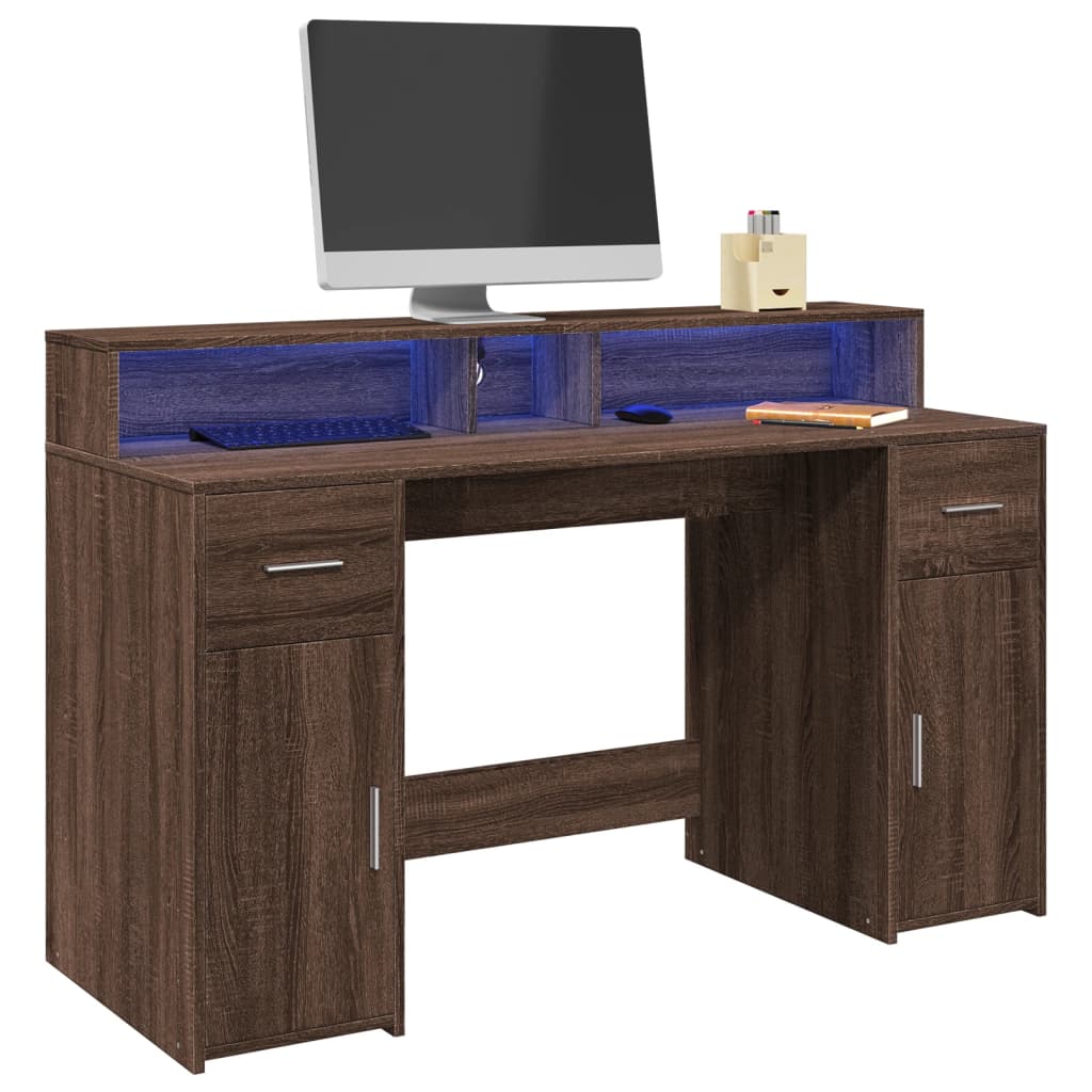 Bureau met LED-verlichting 140x55x91 cm hout bruin eikenkleurig – afbeelding 1