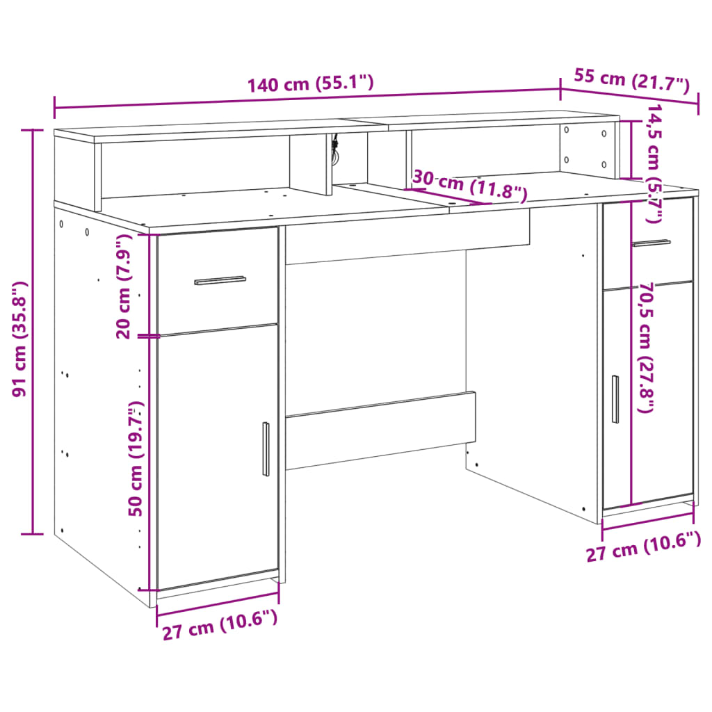 Bureau met LED-verlichting 140x55x91 cm hout bruin eikenkleurig – afbeelding 12