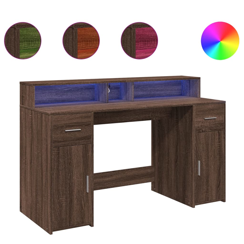 Bureau met LED-verlichting 140x55x91 cm hout bruin eikenkleurig – afbeelding 2