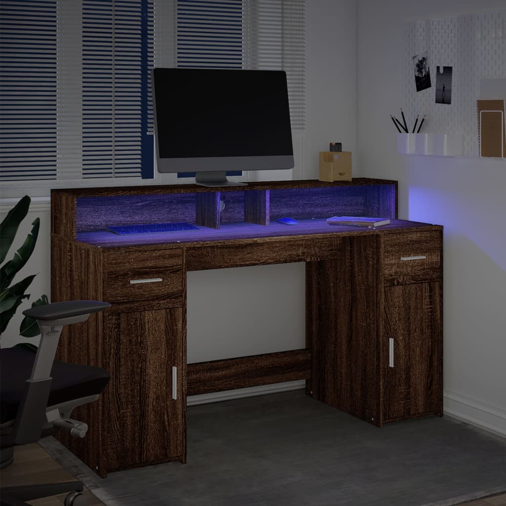 Bureau met LED-verlichting 140x55x91 cm hout bruin eikenkleurig – afbeelding 4