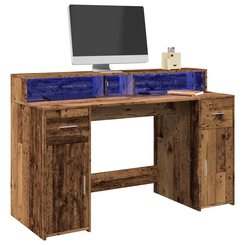 Bureau met LED-verlichting 140x55x91 cm bewerkt hout oud hout – afbeelding 1
