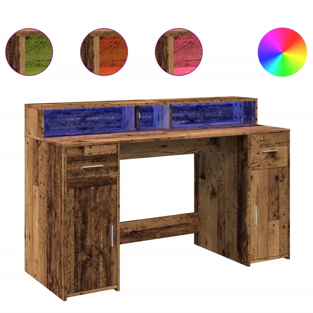 Bureau met LED-verlichting 140x55x91 cm bewerkt hout oud hout – afbeelding 2