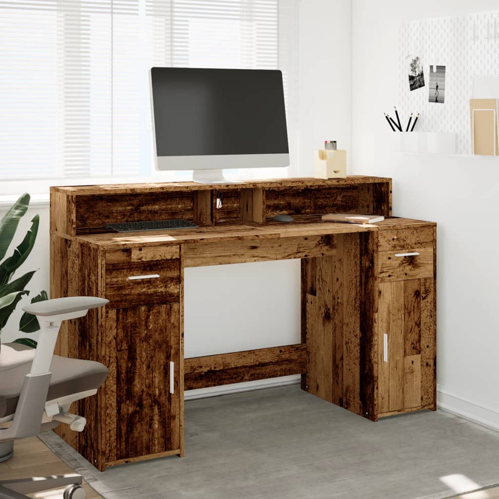 Bureau met LED-verlichting 140x55x91 cm bewerkt hout oud hout – afbeelding 3