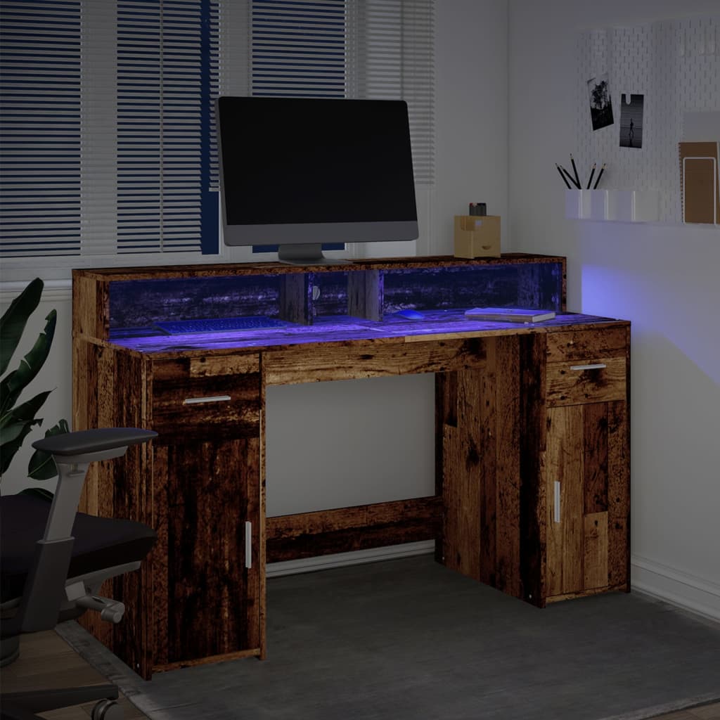 Bureau met LED-verlichting 140x55x91 cm bewerkt hout oud hout – afbeelding 4