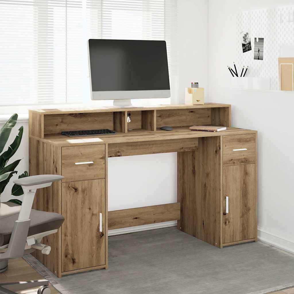 Bureau met LED-verlichting 140x55x91 cm hout artisanaal eiken – afbeelding 1