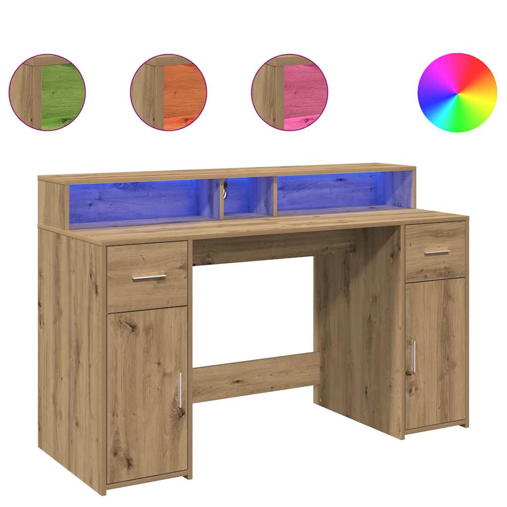 Bureau met LED-verlichting 140x55x91 cm hout artisanaal eiken – afbeelding 2