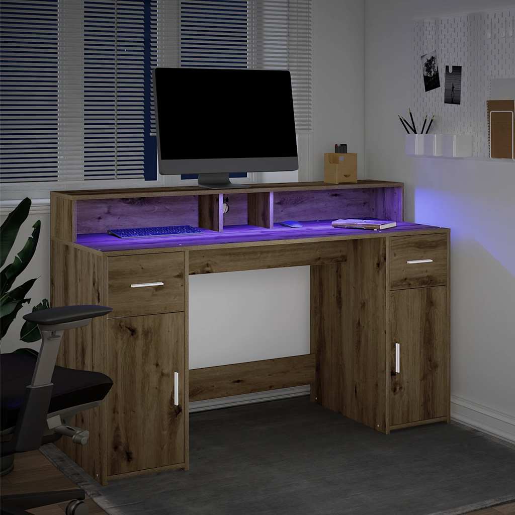 Bureau met LED-verlichting 140x55x91 cm hout artisanaal eiken – afbeelding 3