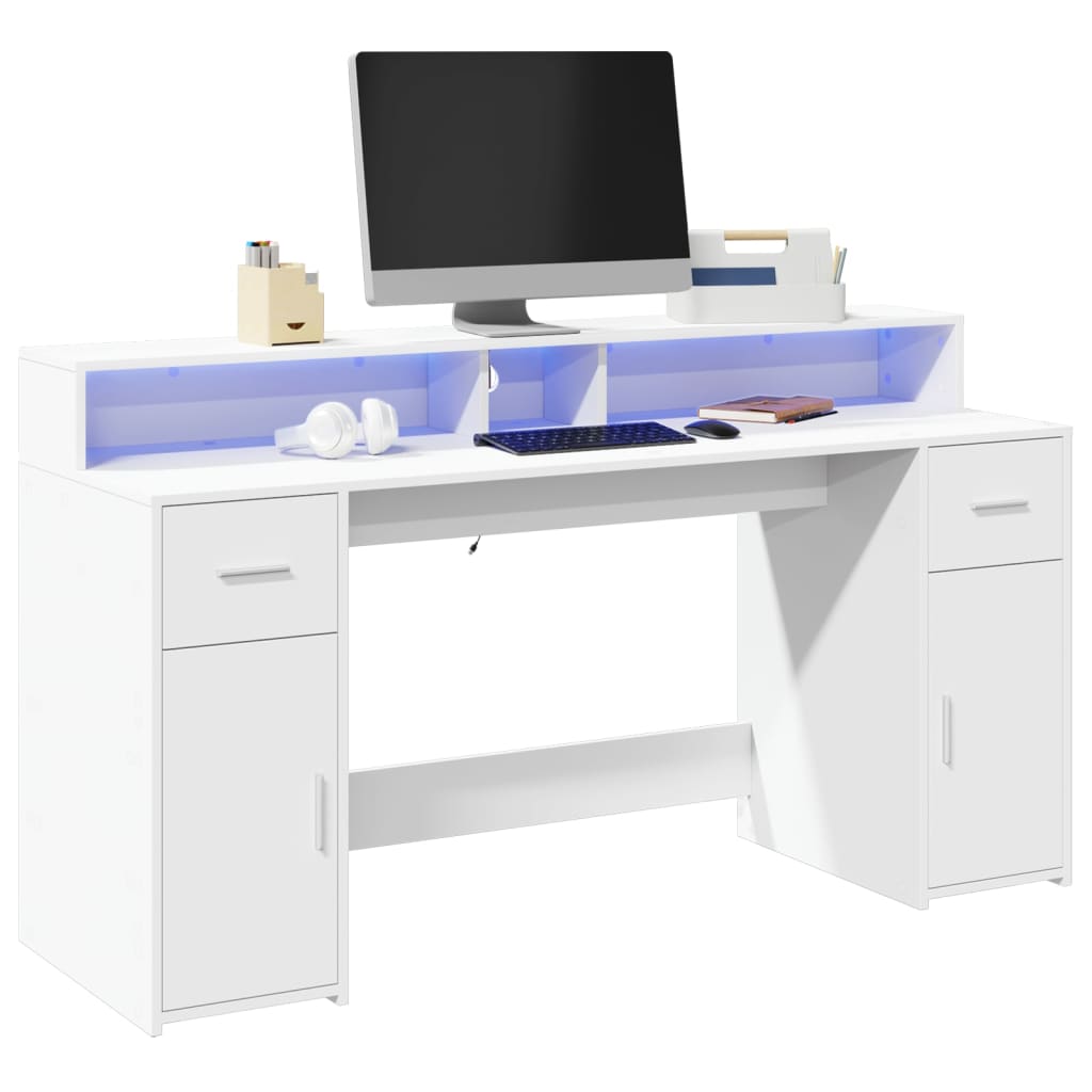 Bureau met LED-verlichting 160x55x91 cm bewerkt hout wit – afbeelding 1