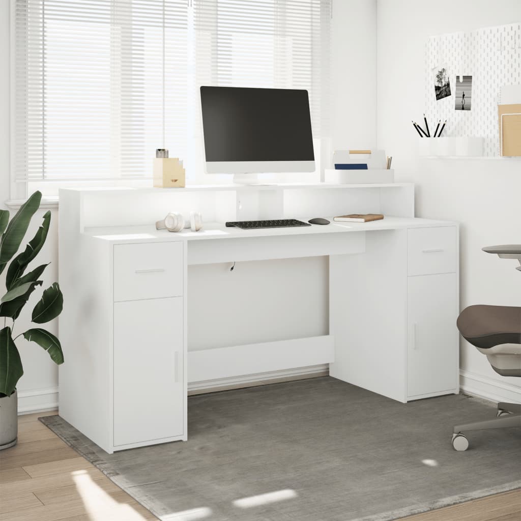 Bureau met LED-verlichting 160x55x91 cm bewerkt hout wit – afbeelding 3