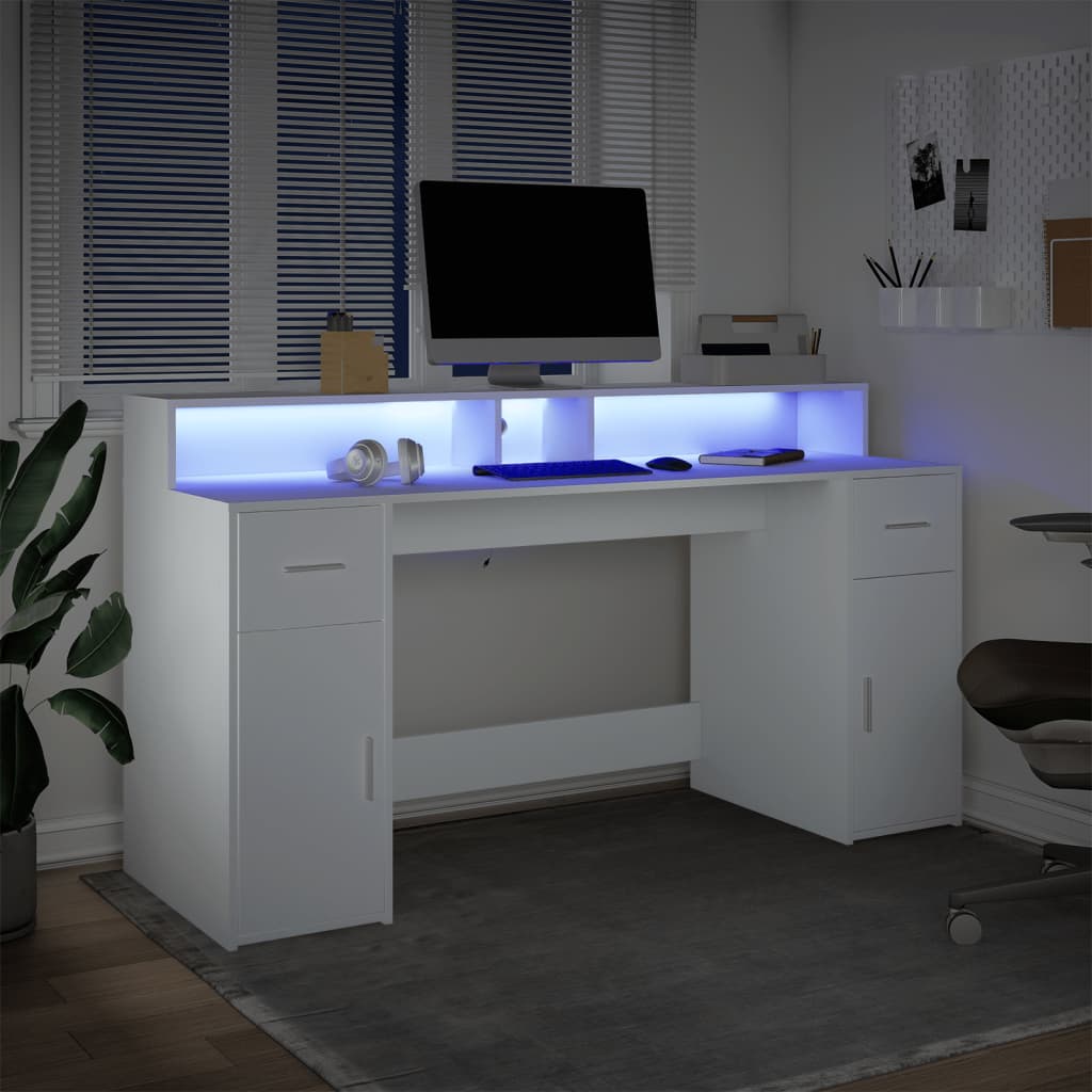 Bureau met LED-verlichting 160x55x91 cm bewerkt hout wit – afbeelding 4