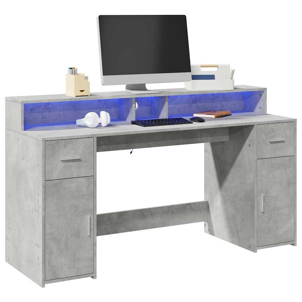 Bureau met LED-verlichting 160x55x91 cm bewerkt hout betongrijs – afbeelding 1