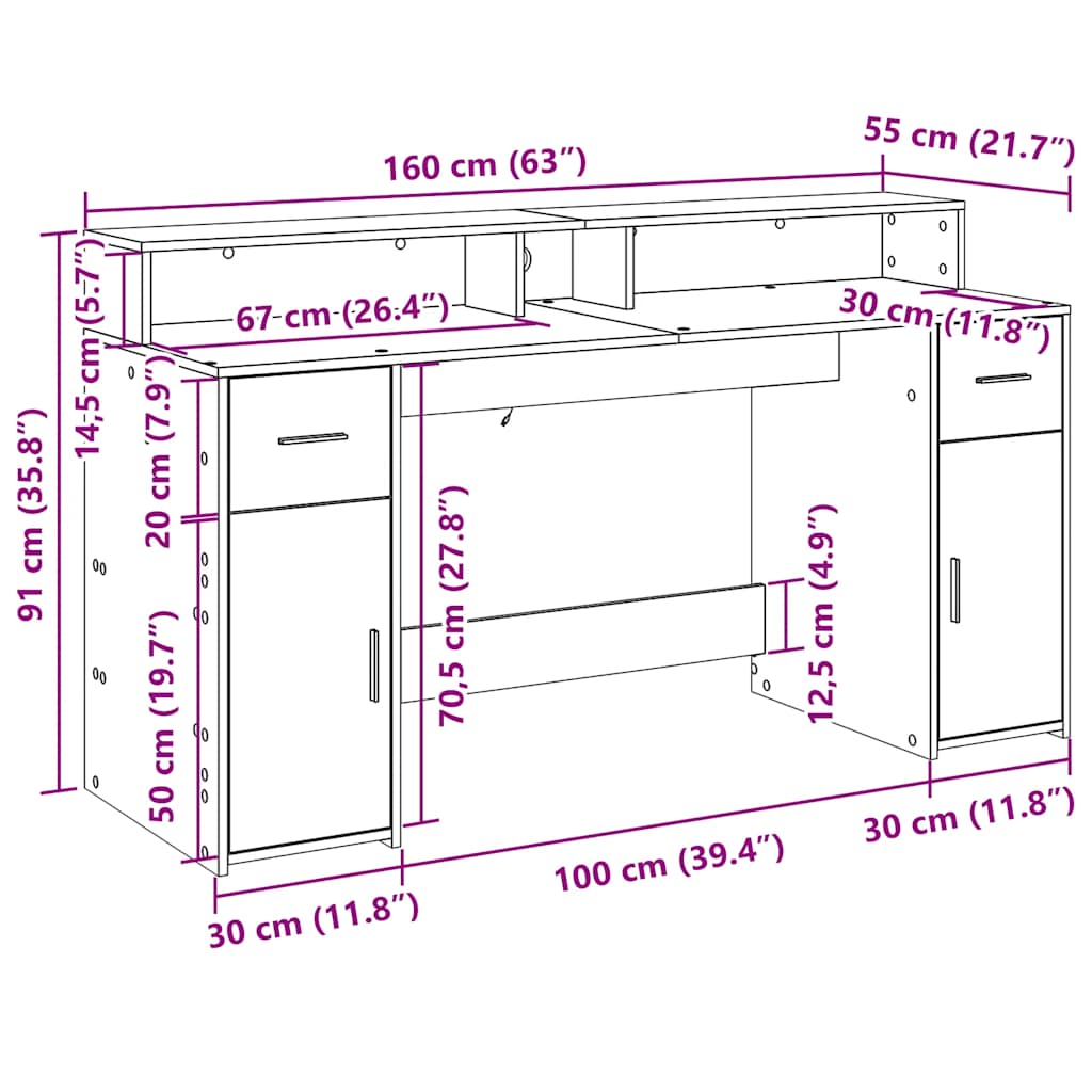Bureau met LED-verlichting 160x55x91 cm bewerkt hout betongrijs – afbeelding 12