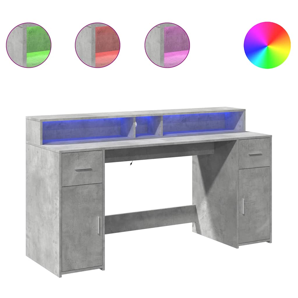 Bureau met LED-verlichting 160x55x91 cm bewerkt hout betongrijs – afbeelding 2