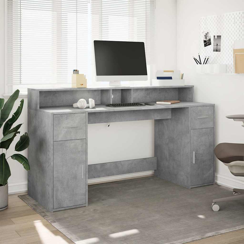 Bureau met LED-verlichting 160x55x91 cm bewerkt hout betongrijs – afbeelding 3