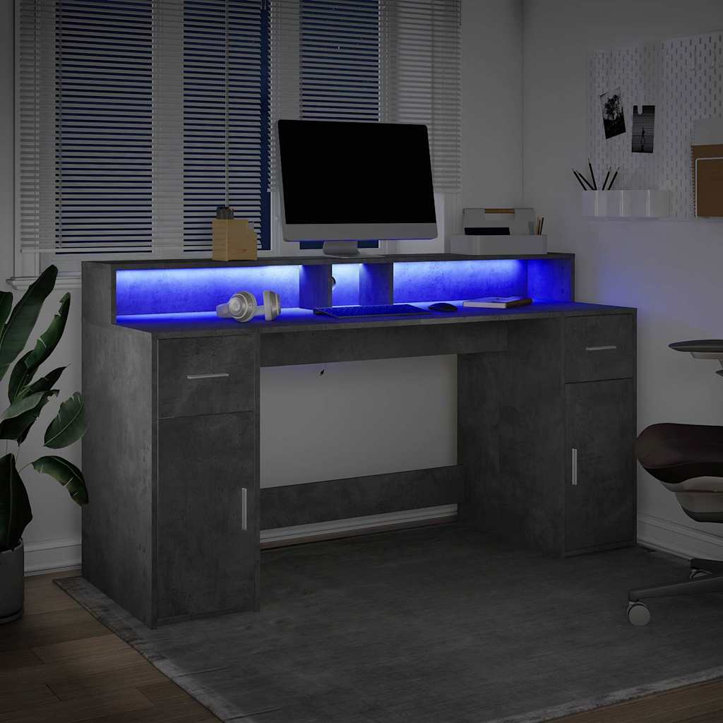 Bureau met LED-verlichting 160x55x91 cm bewerkt hout betongrijs – afbeelding 4