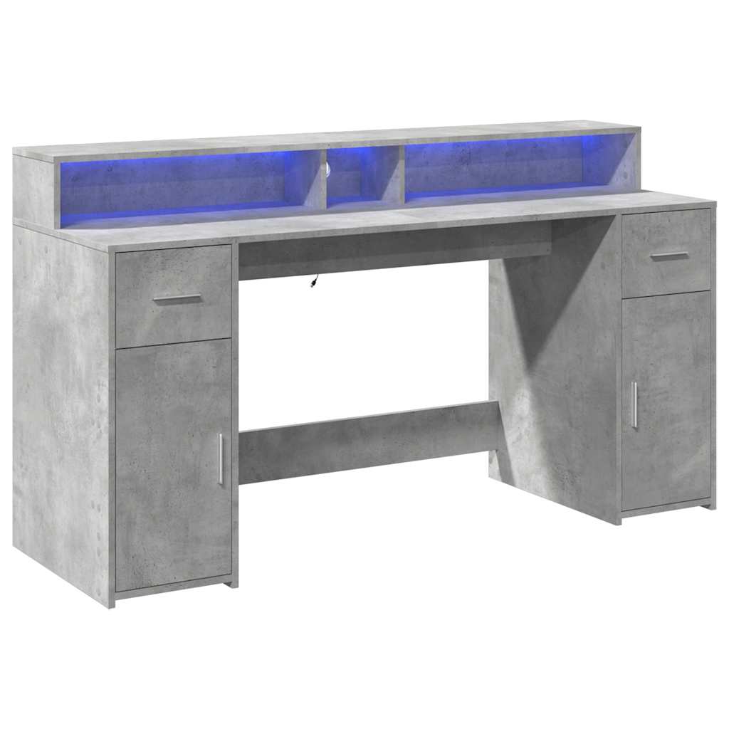 Bureau met LED-verlichting 160x55x91 cm bewerkt hout betongrijs – afbeelding 5