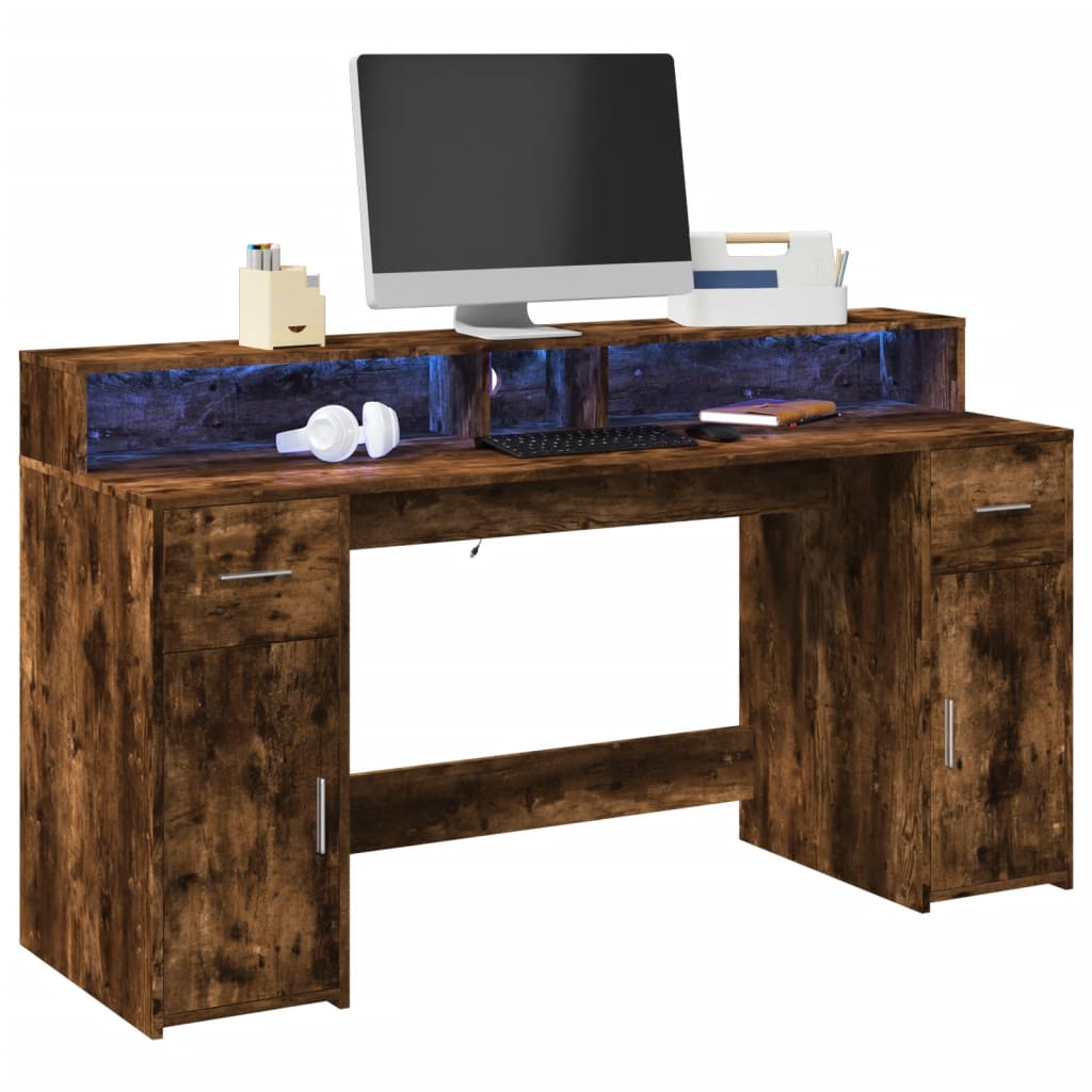 Bureau met LED-verlichting 160x55x91 cm hout gerookt eikenkleur – afbeelding 1