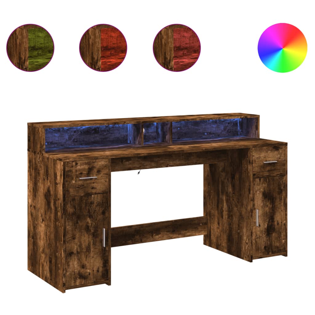 Bureau met LED-verlichting 160x55x91 cm hout gerookt eikenkleur – afbeelding 2