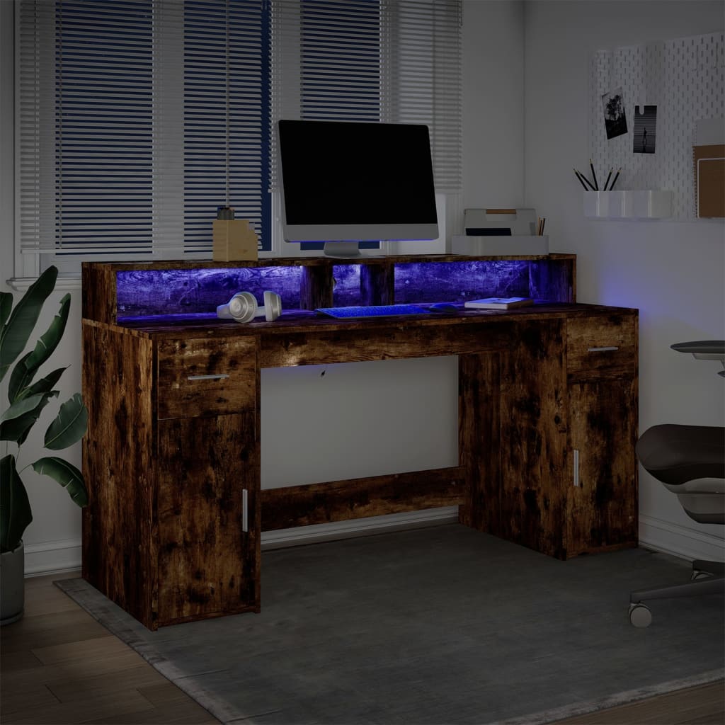 Bureau met LED-verlichting 160x55x91 cm hout gerookt eikenkleur – afbeelding 4