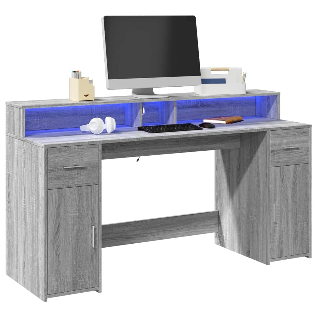 Bureau met LED-verlichting 160x55x91 cm hout grijs sonoma eiken – afbeelding 1