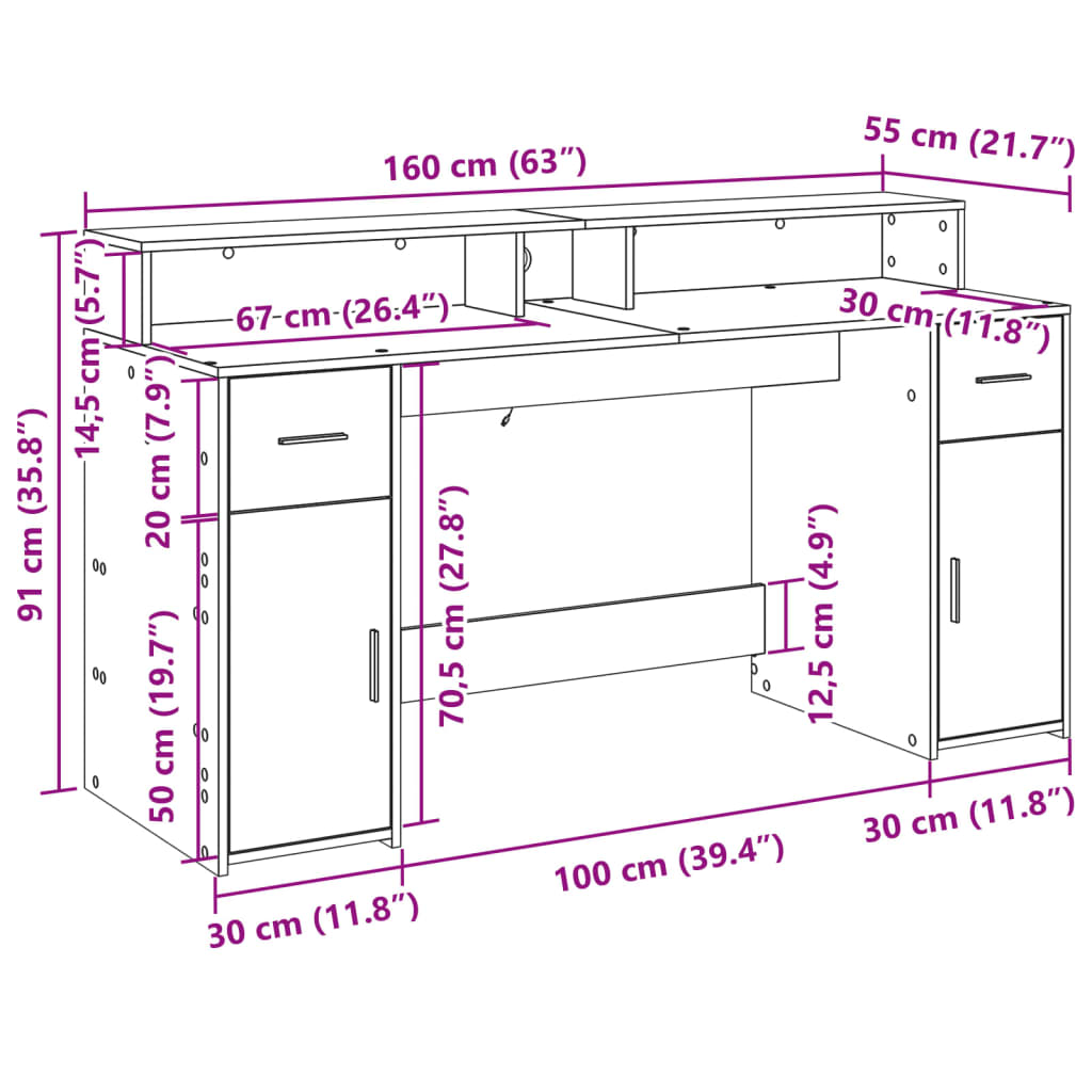 Bureau met LED-verlichting 160x55x91 cm hout grijs sonoma eiken – afbeelding 12