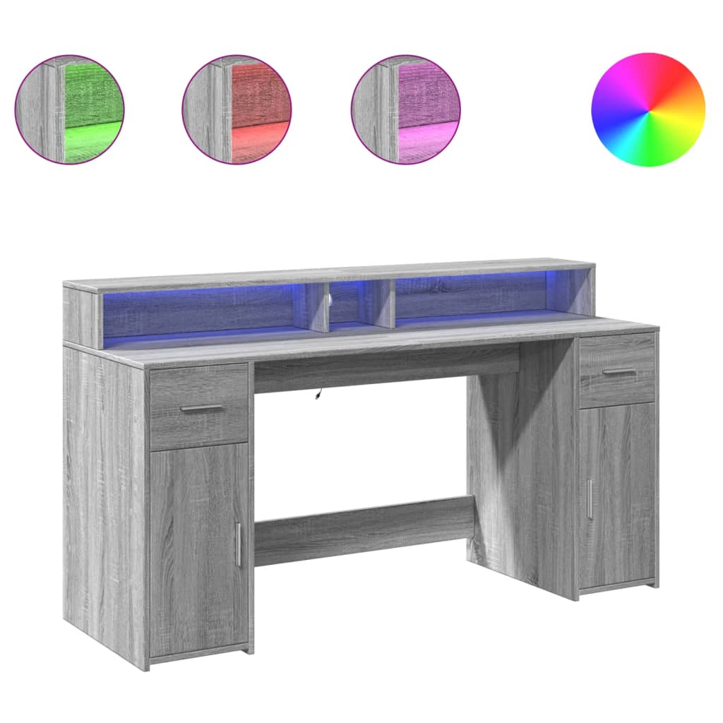 Bureau met LED-verlichting 160x55x91 cm hout grijs sonoma eiken – afbeelding 2