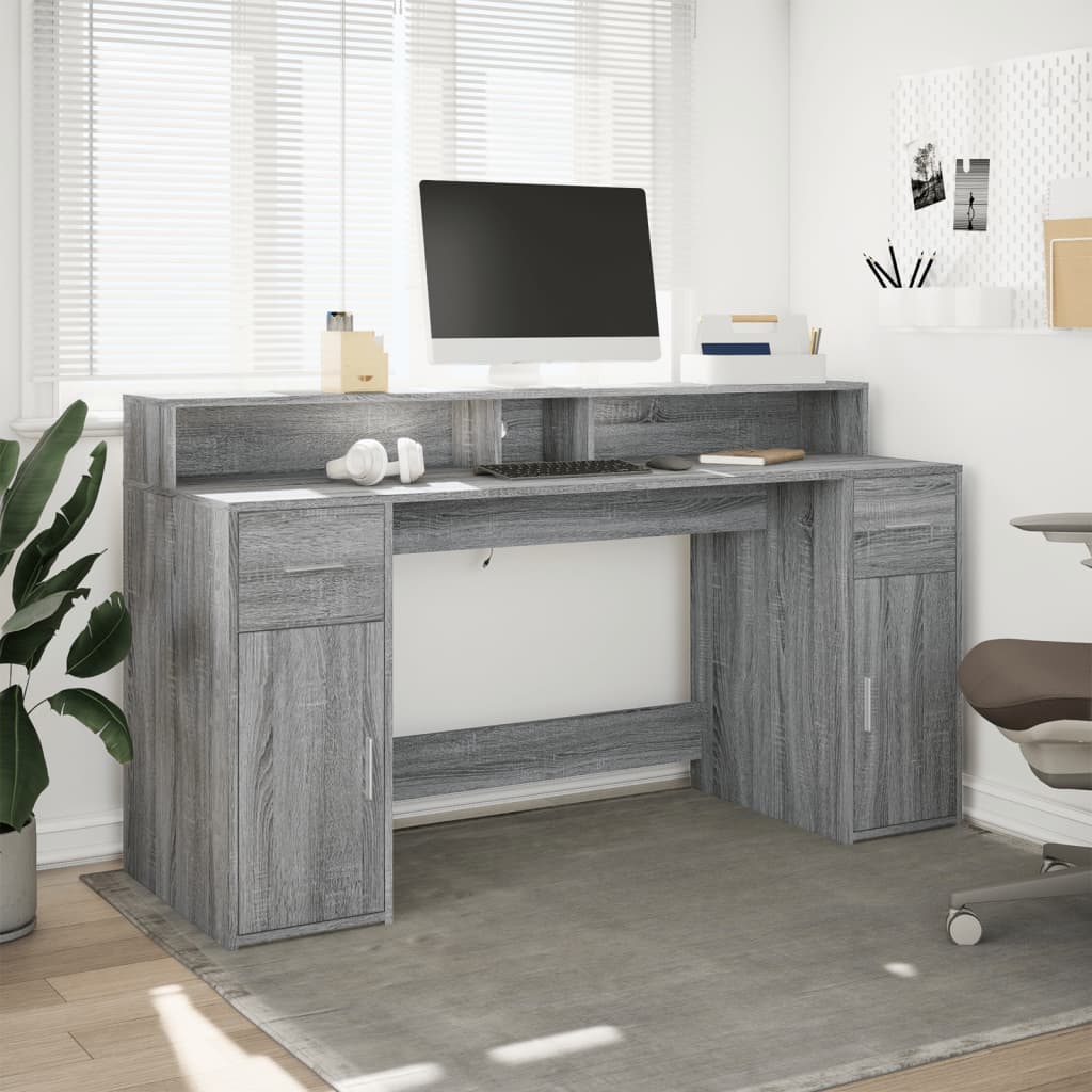 Bureau met LED-verlichting 160x55x91 cm hout grijs sonoma eiken – afbeelding 3