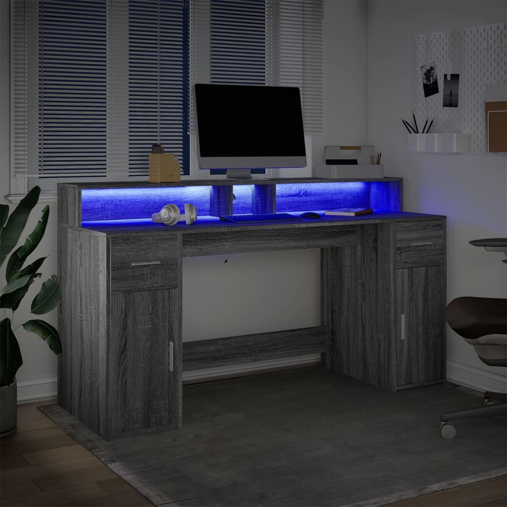 Bureau met LED-verlichting 160x55x91 cm hout grijs sonoma eiken – afbeelding 4
